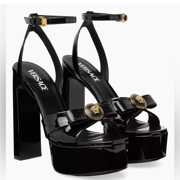 Versace Shoes - Versace Gianni Ribbon Platform Sandal Heels – Black/Gold – Size 10 – BRAND NEW